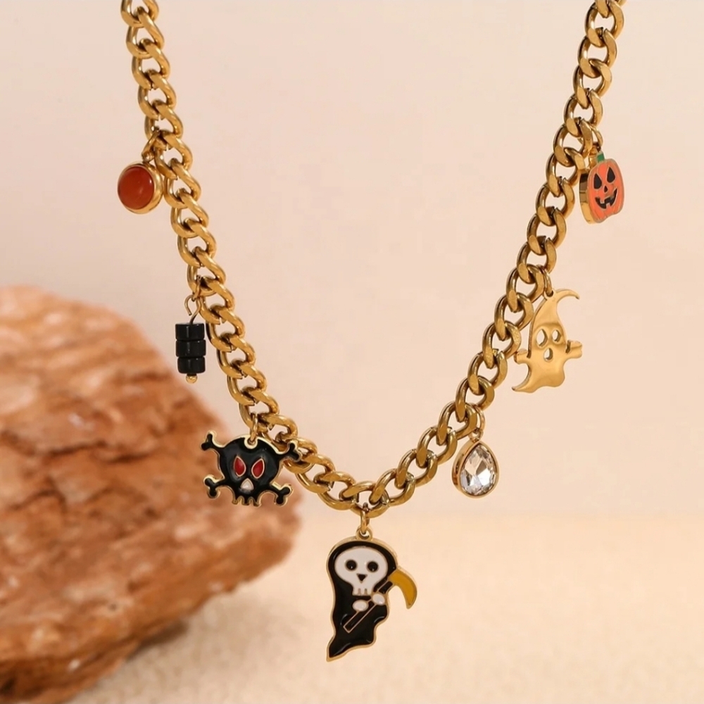 Spooky Chic 18K Gold Plated Halloween Charm Necklace With Ghost, Pumpkin & Skull - Picture 7 of 10